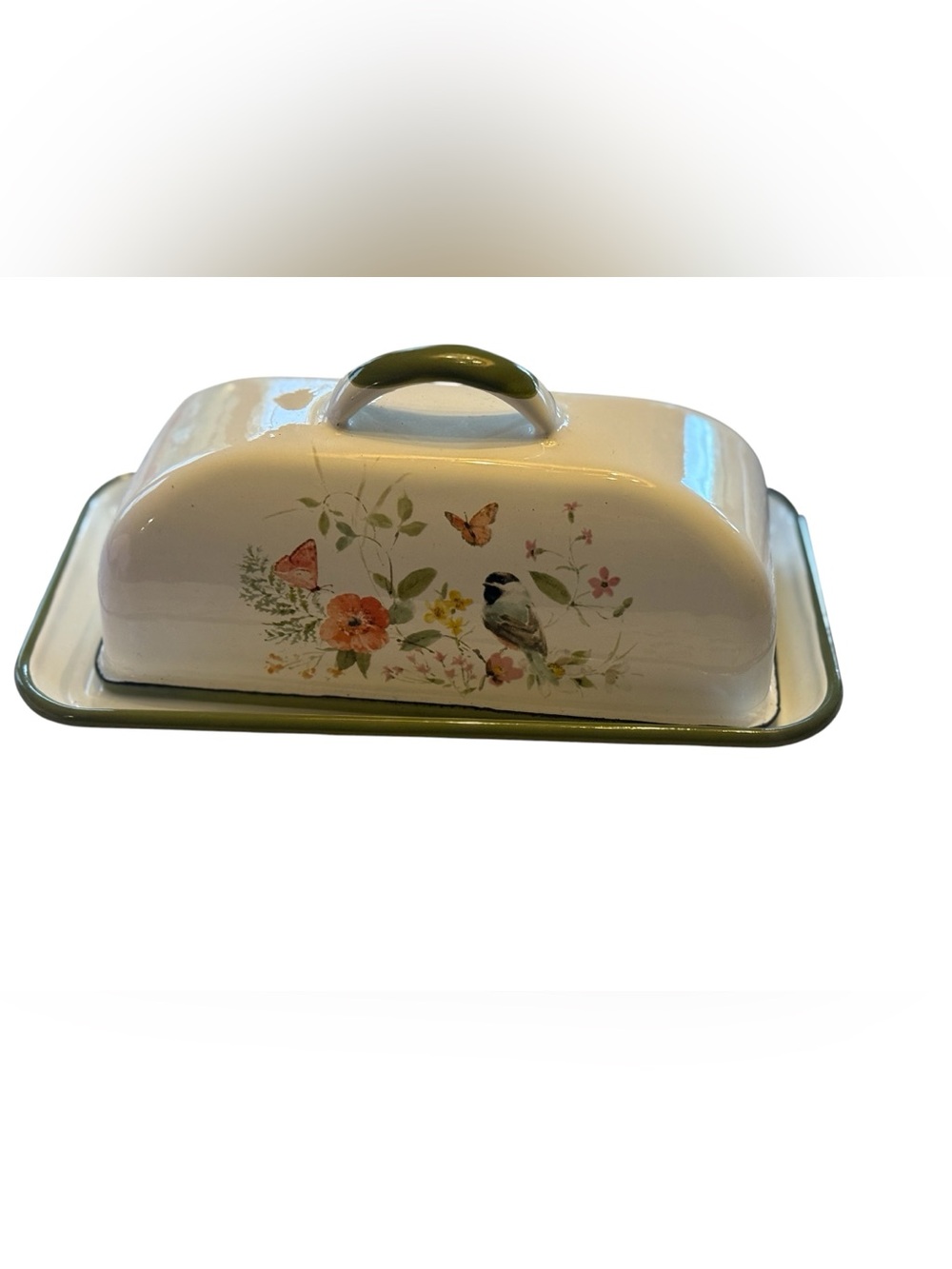 Vintage Style Enamelware Butter Dish Bird Butterfly Floral Cottagecore Farmhouse